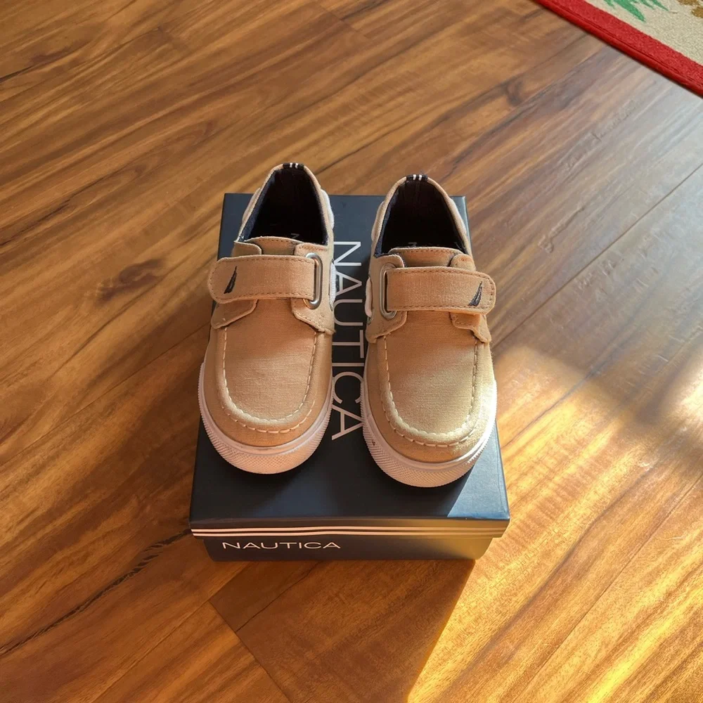Nautica Boys Tan Canvas Hook-and-Loop Boat Shoes
